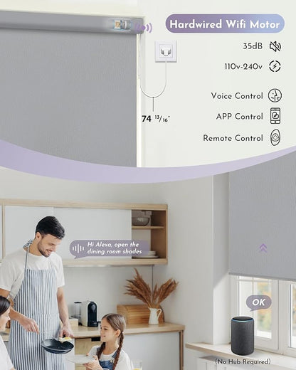 Graywind Motorized Roller Shade 100% Blackout Work with Alexa Google Waterproof Vinyl Fabric Remote Control Hardwired Window Shades Window Blinds, Customized Size (Light Grey)