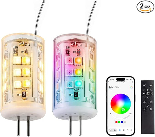 Gardenreet RGBCW G4 LED Bulb, 12V Low Voltage Bi-Pin Halogen Replacement for Outdoor Landscape Lighting & Indoor Accent Light, Color Changing/Warm White, Bluetooth Mesh 65ft, 270LM for Pathway, 2 Pack