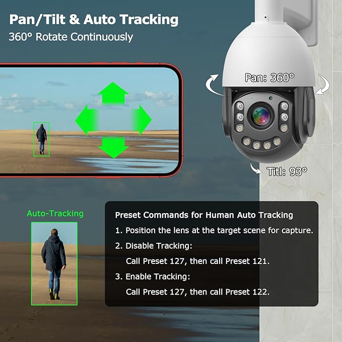 4K30fps 8MP Outdoor PTZ IP POE Auto Tracking Dome Camera Pan Tilt 20x Optical & Human Vehicle Detection,ONVIF IP Wired Camera IR & Floodlight Color night Vision, Preset ,2-Way Audio,24/7 Recording