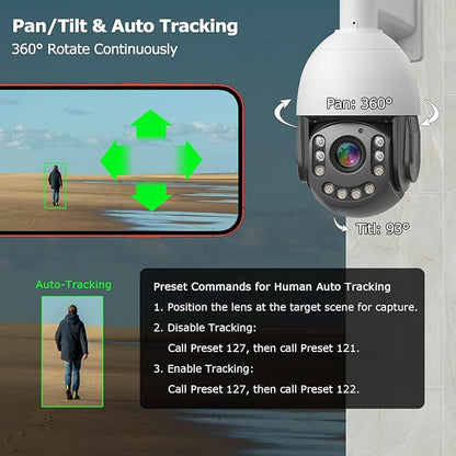 4K30fps 8MP Outdoor PTZ IP POE Auto Tracking Dome Camera Pan Tilt 20x Optical & Human Vehicle Detection,ONVIF IP Wired Camera IR & Floodlight Color night Vision, Preset ,2-Way Audio,24/7 Recording