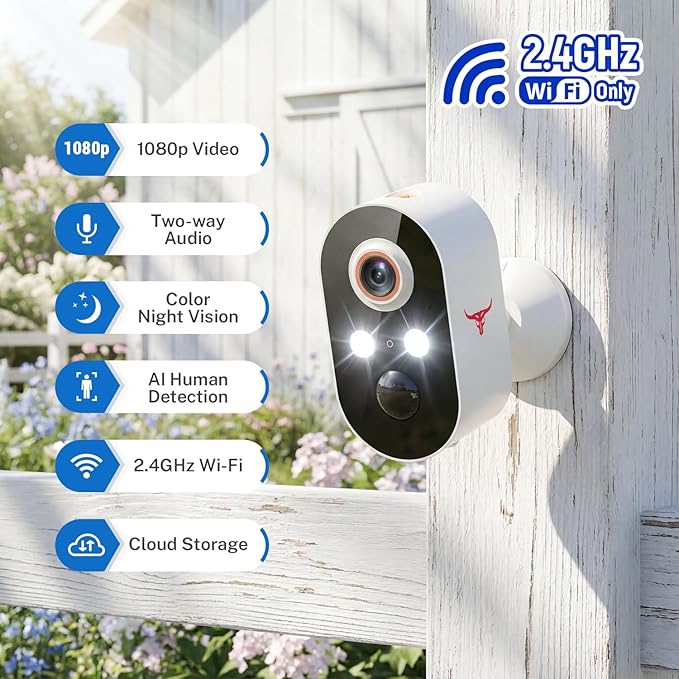 Security Cameras Wireless Outdoor 1080P, 120° View, Battery Powered, 2.4GHz Wi-Fi Cameras for Home Security, AI Motion Detection, Color Night Vision, Cloud Storage (Sold Separately)