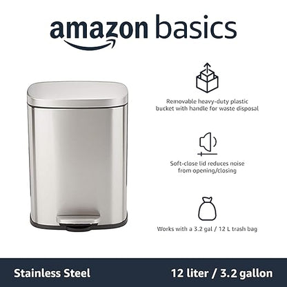 Amazon Basics SMALL Trash Can, 3.1 Gallon (12L), Smudge Resistant Rectangular Bin with Soft-Close Lid, Step Foot Pedal, Removable Inner Bucket, Brushed Stainless Steel, Satin Nickel Finish