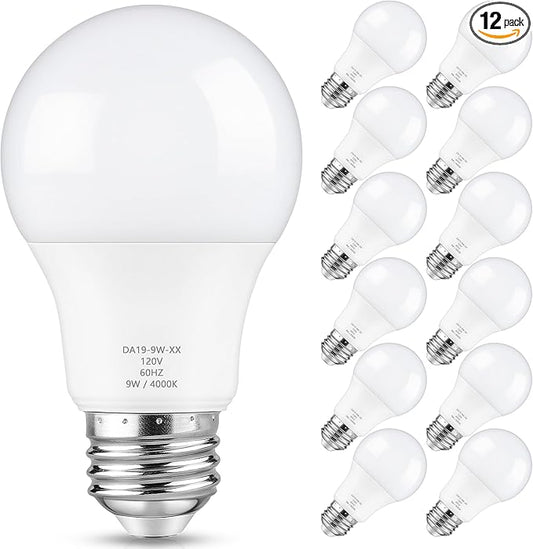 Maylaywood 60 Watt Equivalent A19 LED Light Bulb, Neutral White 4000K, 900LM, 9W Bright White, E26 Base, Dimmable, Pack of 12