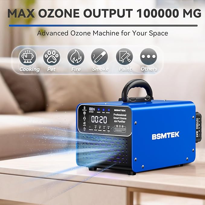 Cordless Ozone Generator with 2X 5000mAh Battery & Quick Charger, 24V Professional Grade Ozone Machine, Deodorizer, With Remote Control, Suitable for Large Room，Blue