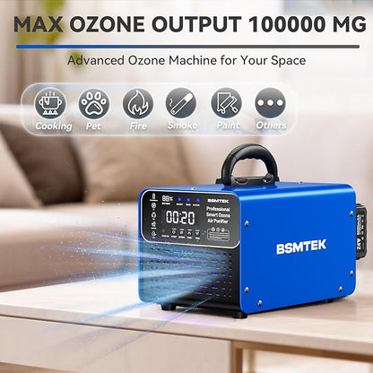 Cordless Ozone Generator with 2X 5000mAh Battery & Quick Charger, 24V Professional Grade Ozone Machine, Deodorizer, With Remote Control, Suitable for Large Room，Blue