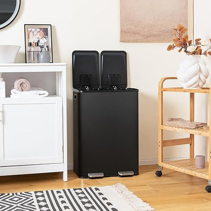 Goplus 16 Gallon/ (2x30L) Stainless Steel Trash Can, Kitchen Trash Bin w/Dual Removable Inner Buckets, Soft Closure & Step-on Pedal, Deodorizer Compartment, Garbage Bin for Recycling, Black
