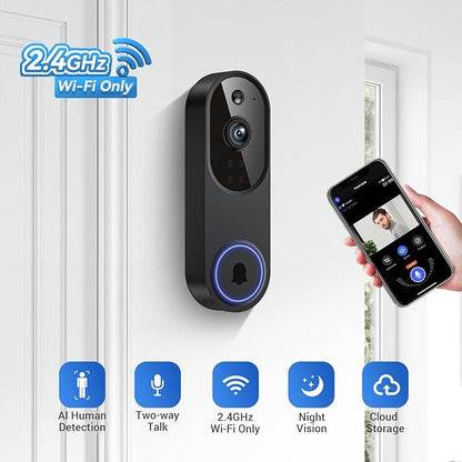 Wireless Video Doorbell Camera, 2.4G WiFi Only, AI Human Detection, Indoor/Outdoor Surveillance Cam for Home Security, 2-Way Talk, Night Vision, Cloud Storage (Sold Separately)