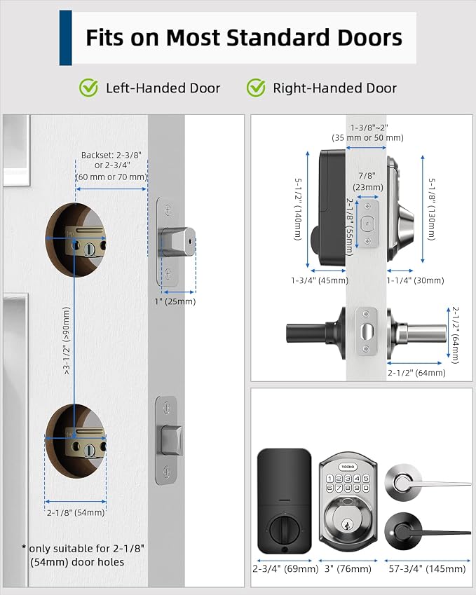 TEEHO TE002L Fingerprint Door Lock with 2 Lever Handles, Keyless Entry Deadbolt with Handle Set, Electronic Keypad Deadbolt for Front Door, Auto Lock and 1 Touch Locking, Satin Nickel