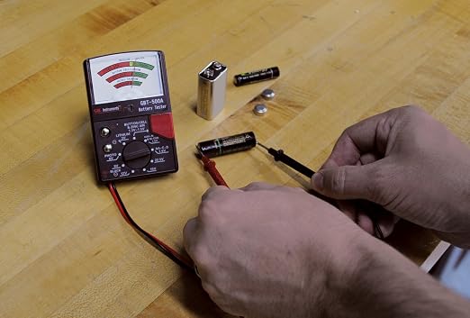 Gardner Bender GBT-500A Analog 1.5 V Button Cell/22.5 Photo/AA/AAA/12 V/9 V/Lantern Cells & More, Leads Battery Tester,14 Battery Range, Black