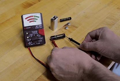 Gardner Bender GBT-500A Analog 1.5 V Button Cell/22.5 Photo/AA/AAA/12 V/9 V/Lantern Cells & More, Leads Battery Tester,14 Battery Range, Black