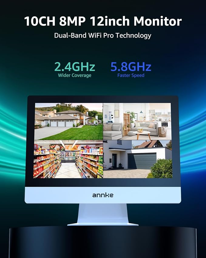 ANNKE 5MP Wireless Security Camera System, 12" Monitor, 4 Cameras, 1TB HDD | 10CH Expandable WiFi NVR, Dual-Band WiFi, Human Detection, Two-Way Audio, Color Night Vision, IP66 Metal Cameras