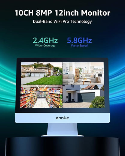 ANNKE 5MP Wireless Security Camera System, 12" Monitor, 4 Cameras, 1TB HDD | 10CH Expandable WiFi NVR, Dual-Band WiFi, Human Detection, Two-Way Audio, Color Night Vision, IP66 Metal Cameras
