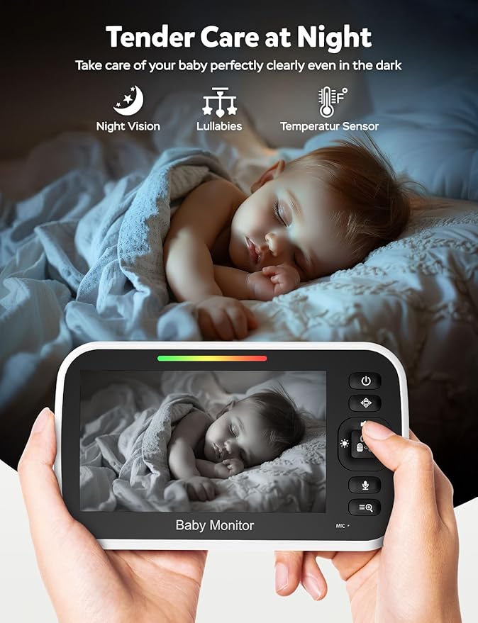 GoodBaby 5" Baby Monitor with 3 Cameras and Audio, No WiFi Secure Camera, 30-Hour Battery, Remote PTZ, Auto Night Vision, Room Temperature, Two-Way Audio，Lullabies，960 ft Range