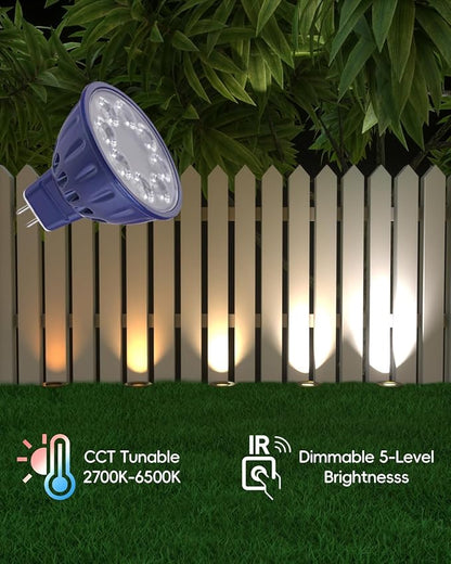 RGBW Color Changing MR16 LED Bulbs, CCT Tunable 2700K to 6500K, Dimmable with Remote Control, Memory Function, GU5.3 Bi-pin Base Light Bulbs for 12V Low Voltage Landscape Lighting 6-Pack