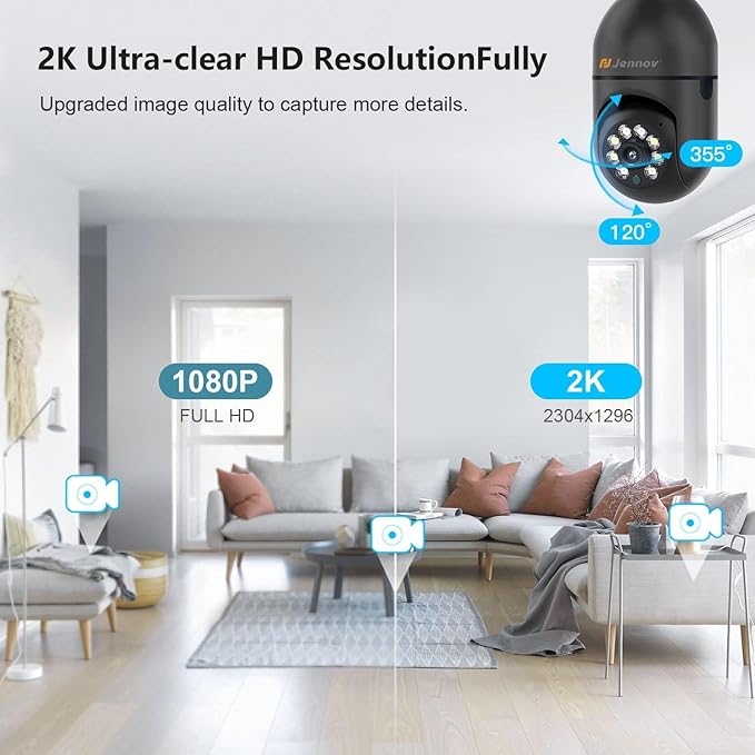 Jennov 2K Light Bulb Security Camera Wireless Outdoor, Indoor Light Socket Cameras for Home Security, Human Detection, 355°, Color Night Vision, 5G/2.4G WiFi, Screw in, Compatible with Alexa
