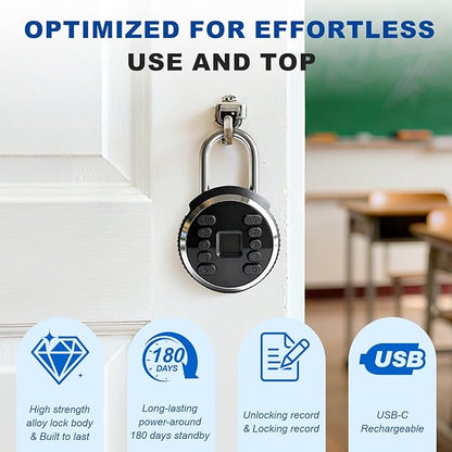 Fingerprint Padlock, Biometric Smart Lock Keyless IP67 Water-Resistant Gym Locker Lock, Rechargeable Fingerprint Lock for Gym, Fence, Storage, Outdoor and Indoor Security