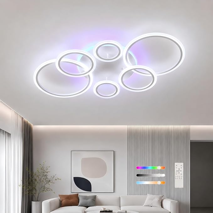 AITINZ Modern LED Ceiling Light 70W, 6 Ring Flush Mount Fixture Remote | 4200LM Dimmable Ceiling Light with Remote, 3000K-6000K Color Changing RGB Backlight for Living Room Bedroom Dining Room