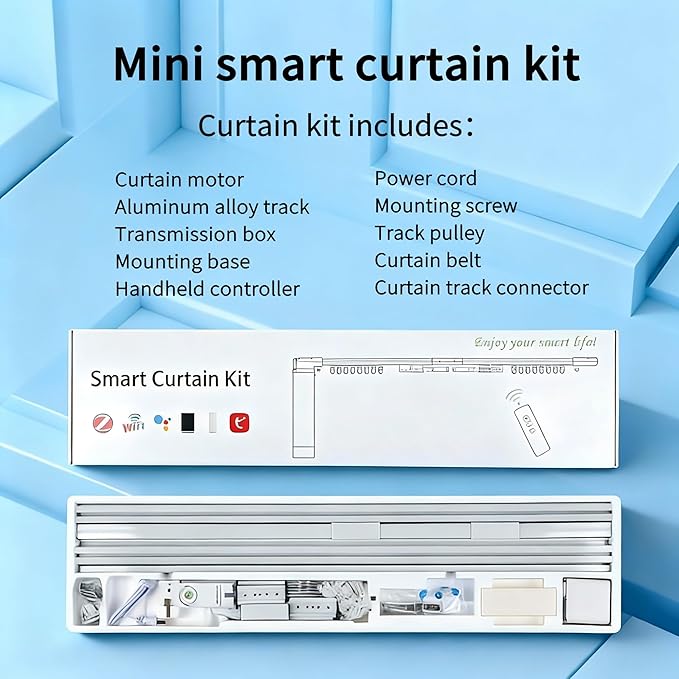 Smart Curtain Track System with Mini Zigbee Motor, Automatic Ceiling Curtain Opener, Motorized Curtains Rod 204.7''(5.2m) with App, Voice, Remote Control, Compatible with Alexa, Google and Siri