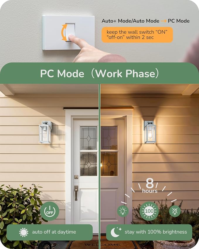 EDISHINE Motion Sensor Dusk to Dawn White Outdoor Porch Light with Outlet