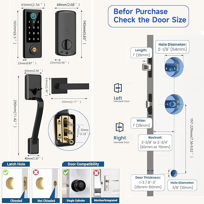 BEBASIA Fingerprint Door Lock for Front Door with Handle Set, App Control, Smart Keyless Entry Digital Electronic Keypad Touchscreen Deadbolt, Easy Install, Auto Lock, Black