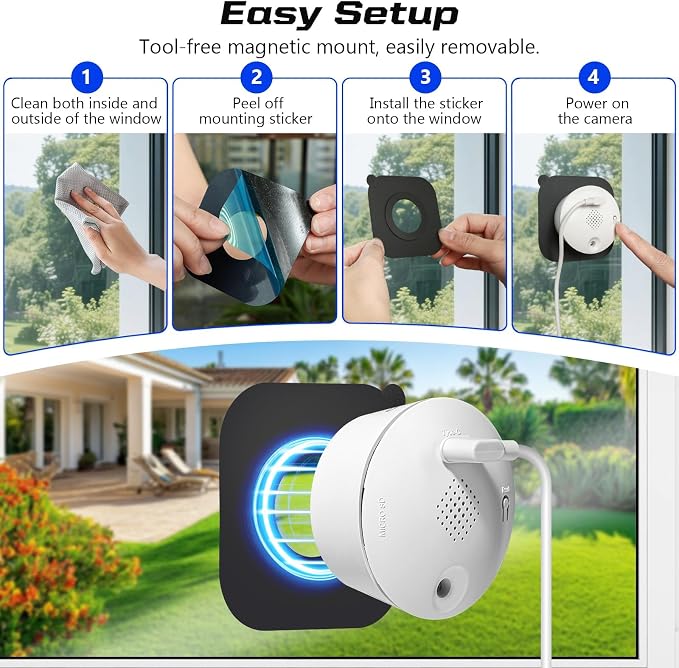 3MP 2K Window Camera for Home Security, Indoor Camera with Outdoor View, Full-Color Night Vision, Human & Vehicle Detection, 24/7 Recording, Easy to Install