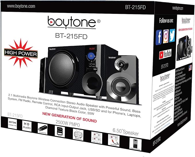 Boytone BT-210FD, Ultra Wireless Bluetooth Main unit, Powerful Sound with Powerful Bass System 30 watt, Excellent Quality Clear Sound & FM radio, with Remote Control Aux Port, SB/SD/ for Smartphone's , Tablets , Desktop Computers , Laptops ,Black Color