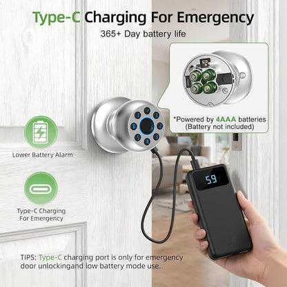 Fingerprint Door Knob, Smart Door Knob, Biometric Door Knob with Code, App Control, Auto Lock, Fingerprint Door Lock,Thumb Print Door Knobs for Bedroom, Office, Apartment，Silver