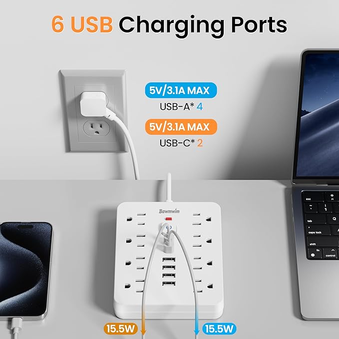 Surge Protector Power Strip - 8 Outlets(1850W/15A/14AWG) 4 USB A（2 USB C, 6FT Flat Plug Extension Cord, Wall Mount Multi Plug Outlet Extender, ETL Listed for Home, Dorm Room