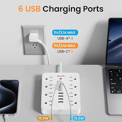Surge Protector Power Strip - 8 Outlets(1850W/15A/14AWG) 4 USB A（2 USB C, 6FT Flat Plug Extension Cord, Wall Mount Multi Plug Outlet Extender, ETL Listed for Home, Dorm Room