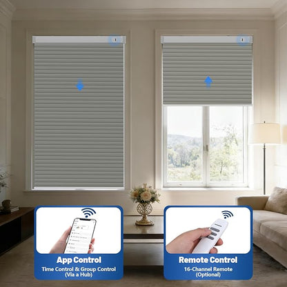 Motorized Cellular Shades with Remote, Blackout Smart Cellular Shades Compatible with Alexa, Cordless Honeycomb Window Blinds for Bedroom Home Office, Custom Size, Blackout Light Grey