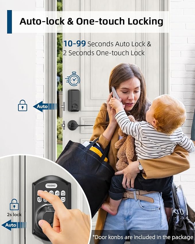 TEEHO TE002L Fingerprint Door Lock with 2 Lever Handles, Keyless Entry Deadbolt with Handle Set, Electronic Keypad Deadbolt for Front Door, Auto Lock and 1 Touch Locking, Matte Black