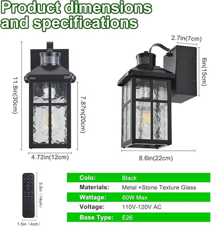 Porch Light with Outlet and Remote Control - Plug in Outdoor Wall Lights with GFCI Exterior Lighting Fixtures Adjustable 3 Sensitivity Levels and 1-10min Delay for Porch, Patio, Entryway(Black)