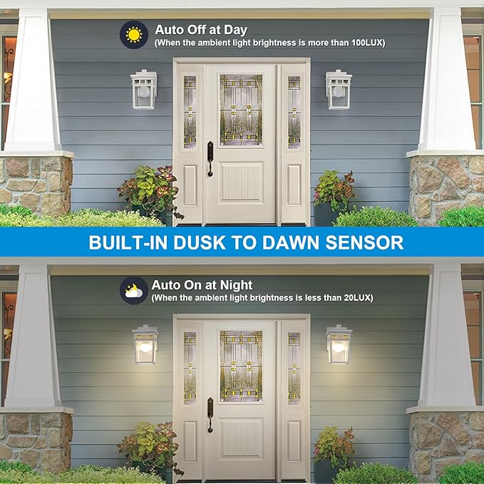 Outdoor Porch Light with GFCI Outlet Built in, Dusk to Dawn Outdoor Wall Lantern with Outlet, Waterproof Anti-Rust Exterior Light Fixture Outside Lights for House Garage Patio, Bulb Included (White)