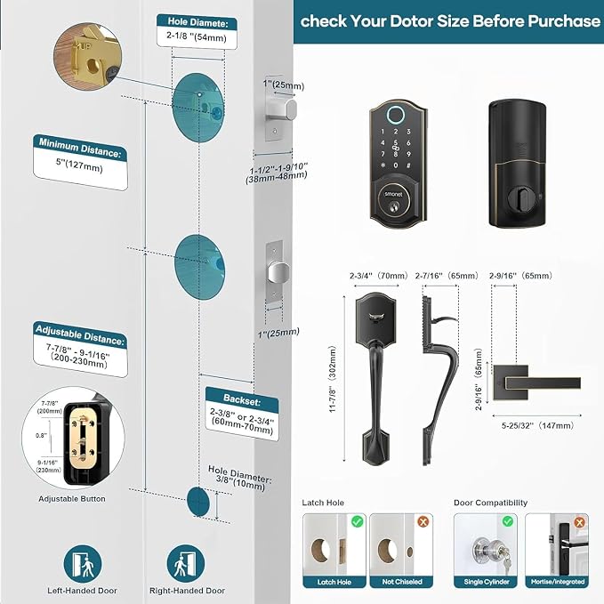SMONET Front Door Lock Set Keyless Entry, Smart Door Lock with Handle, Fingerprint Keypad Bluetooth Alexa Deadbolt Lockset Suitables for Rental Management and Smart Home Residents