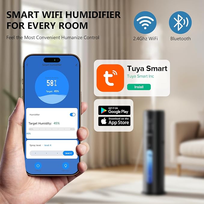 Humidifiers for Bedroom Large Room Humidifiers for Home,7L/1.85Gal Large Humidifier with Smart App & Remote Control, 4 Mist Levels Cool Mist Humidifiers Black
