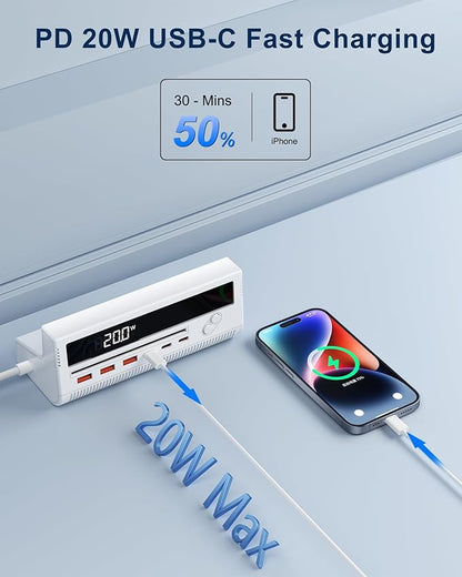 10-in-1 USB Charging Station, 4 Outlets Power Strip with 6 USB, 5 FT Long Extension Cord, 45° Flat Plug, 20W Fast Mulit Charging Station for Home Office Travel Plug Extension Outlet (White)