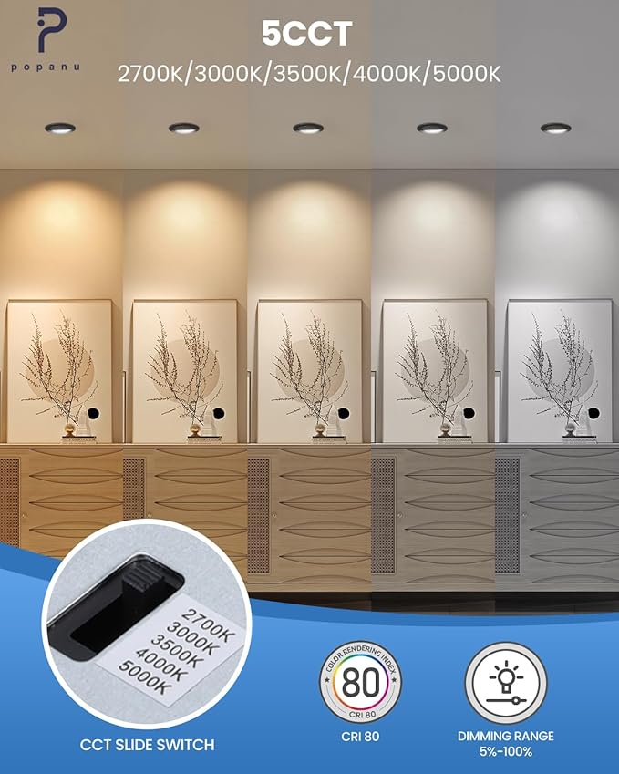 POPANU Recessed Lighting 6 inch - 12W Gimbal Light Eyeball Sloped Ceiling Recessed Spotlight 1300lm Black Trim 90° Tilt Swivel Soffit Wafer Lights 5CCT Adjustable Indoor Dimmable Black 6 inch 6 Pack