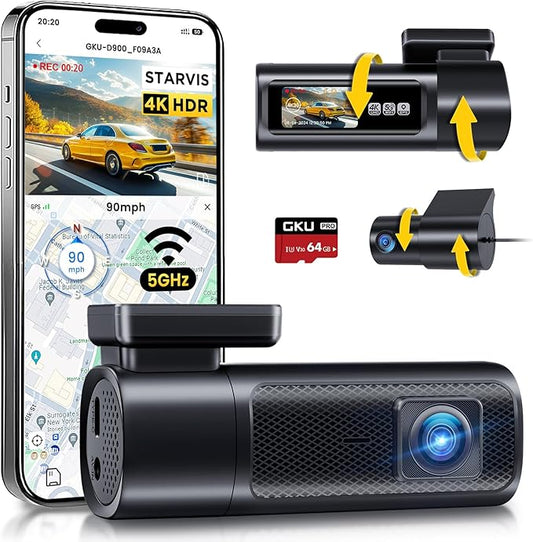 GKU Dash Cam Front and Rear, 4K 60fps＋2.5K Dashcam,STARVIS Sensor, HDR, 5G WiFi GPS, 24H Parking Mode, Night Vision, 170°Wide Angle, Dash Camera for Cars with 1.47 Display, 64G SDcard (Black)