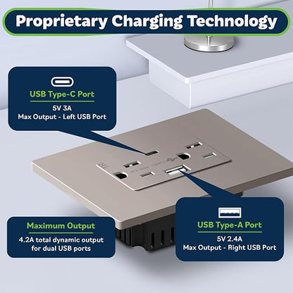 TOPGREENER USB Outlets, 15 Amp Wall Outlet with USB Ports, Nickel, 1 Pack | UL Listed, 4.2A Tamper-Resistant USB Outlets Receptacles with Type A & C Ports, Charging Power Outlet, Wall Plate Included