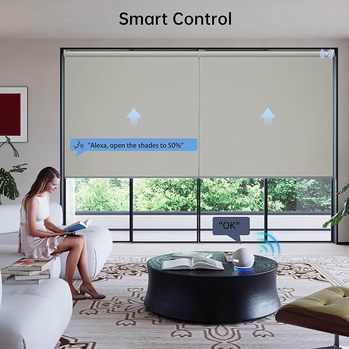 Motorized Coupled Shades, Blackout Smart Blinds for Large Windows Automatic Blinds Compatible with Alexa, Motorized Roller Shades Customized for Bedroom Home Office(Blackout-Smoky Sea Garss)