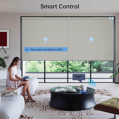 Motorized Coupled Shades, Blackout Smart Blinds for Large Windows Automatic Blinds Compatible with Alexa, Motorized Roller Shades Customized for Bedroom Home Office(Blackout-Smoky Sea Garss)