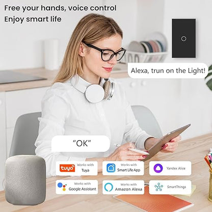 WiFi Smart Light Switch,1-Button,4.65 X 2.83 X 1.34 Inches,2.4GHz Wi-Fi Touch Switch,Neutral Wire Required,Work with Smart Life/Tuya App and Alexa,Black