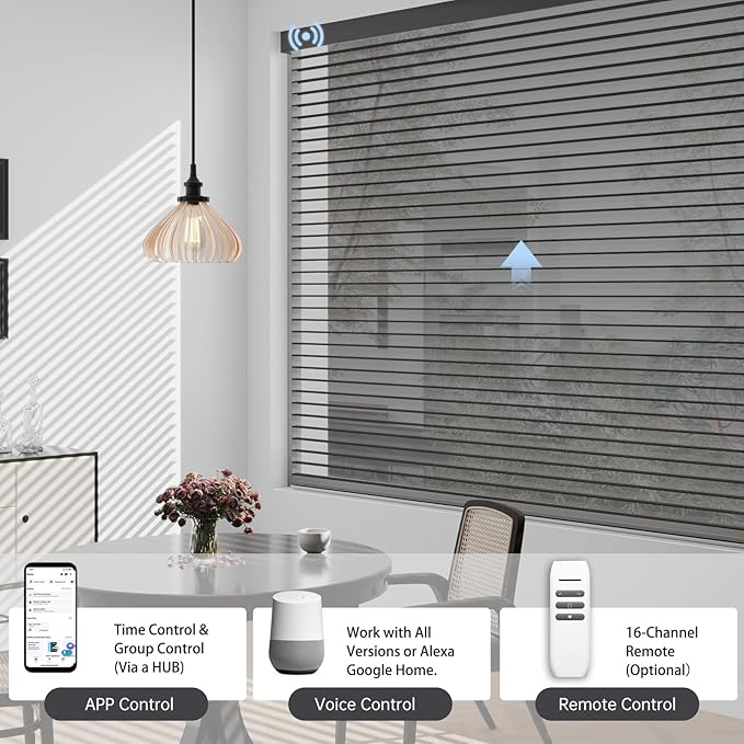 Motorized Sheer Shades with Remote, Automatic Dual-Layered Shades for Windows, Smart Light Filtering Blinds Compatible with Alexa, Custom Size (Room Darkening Black)