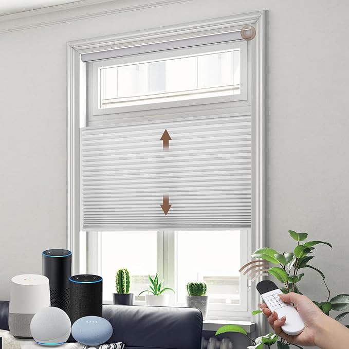Godark Motorized TDBU Cellular Shades with Remote Control Smart Honeycomb Blinds Compatible with Alexa Google Home Smarthings Custom Double Cellular Light Filtering for Indoor Windows Doors-White