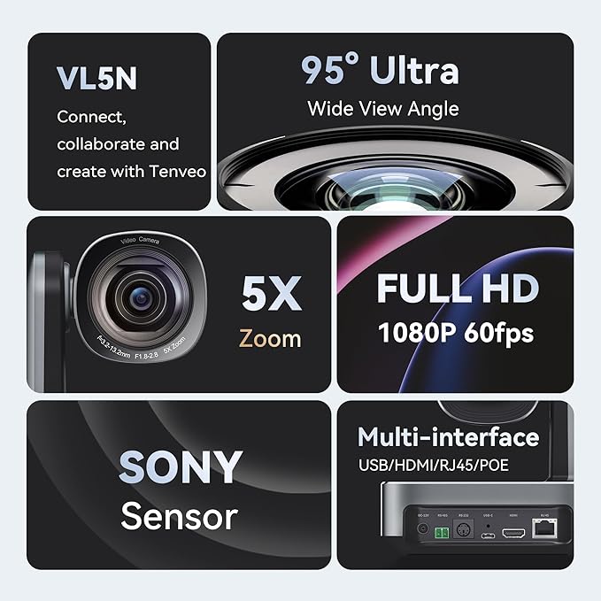 Tenveo PTZ Camera, 5X Optical Zoom, FHD 1080P, Wide Angle, USB3.0/HDMI/LAN PoE IP Live Streaming for Church Video Conference Broadcast Zoom Teams YouTube OBS