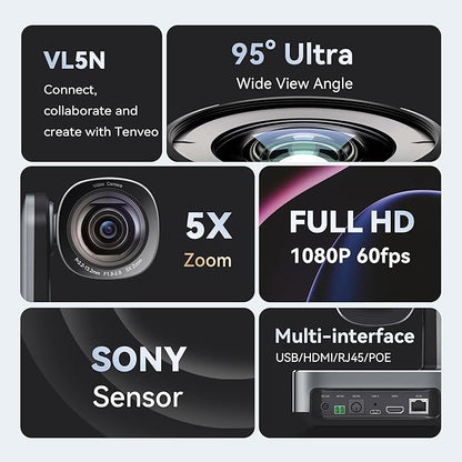 Tenveo PTZ Camera, 5X Optical Zoom, FHD 1080P, Wide Angle, USB3.0/HDMI/LAN PoE IP Live Streaming for Church Video Conference Broadcast Zoom Teams YouTube OBS