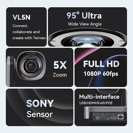 Tenveo PTZ Camera, 5X Optical Zoom, FHD 1080P, Wide Angle, USB3.0/HDMI/LAN PoE IP Live Streaming for Church Video Conference Broadcast Zoom Teams YouTube OBS