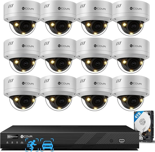 4COVR 16 Channel Security Camera System Businesses, 4K 16CH NVR & 4TB HDD, 12X 5MP IK10 Dome PoE IP Cameras IP67 Outdoor, Smart Color Night Vision, 2-Way Audio, Person/Vehicle Detection, LY54FA5M1612