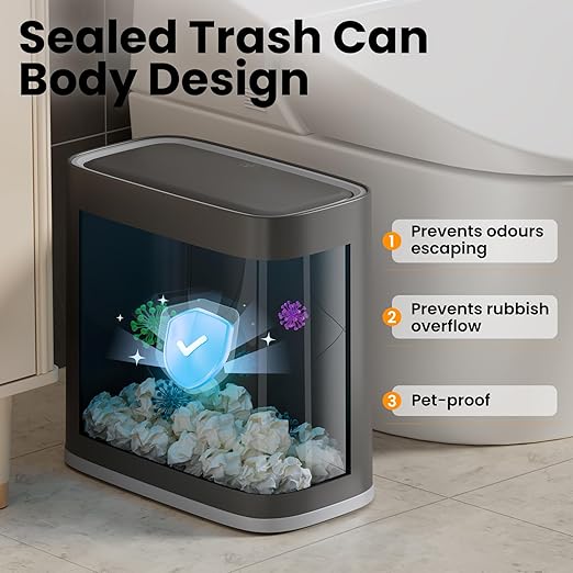 Small Bathroom Trash Can with Lid, 8L / 2.1 Gallon Narrow Garbage Bin with Wheels, Air-Press Bag Expander & Inner Bucket, Press Top Wastebasket for Bedroom, Office, Toilet, Odor Sealing Diaper Pail