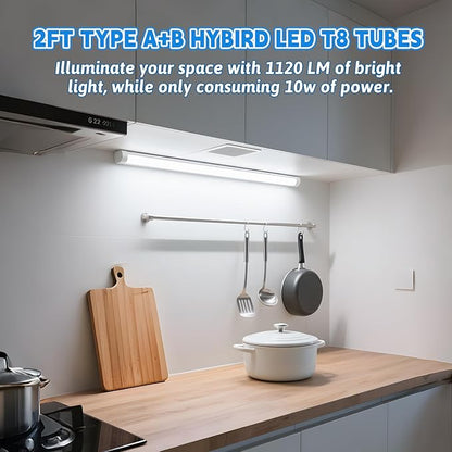 Romwish 24 Inch T8 LED Tube Light, 10W(24W Equiv.), 1120LM, 5000K Daylight, Type A+B Plug & Play or Ballast Bypass, F17T8 Fluorescent Replacement, Double-Ended Power, Under Cabinet Light, 2 Pack